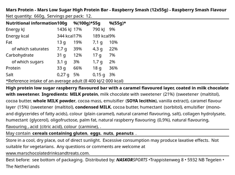 Supplément Mars Low Sugar High Protein Bar - Raspberry Smash (12x55g)